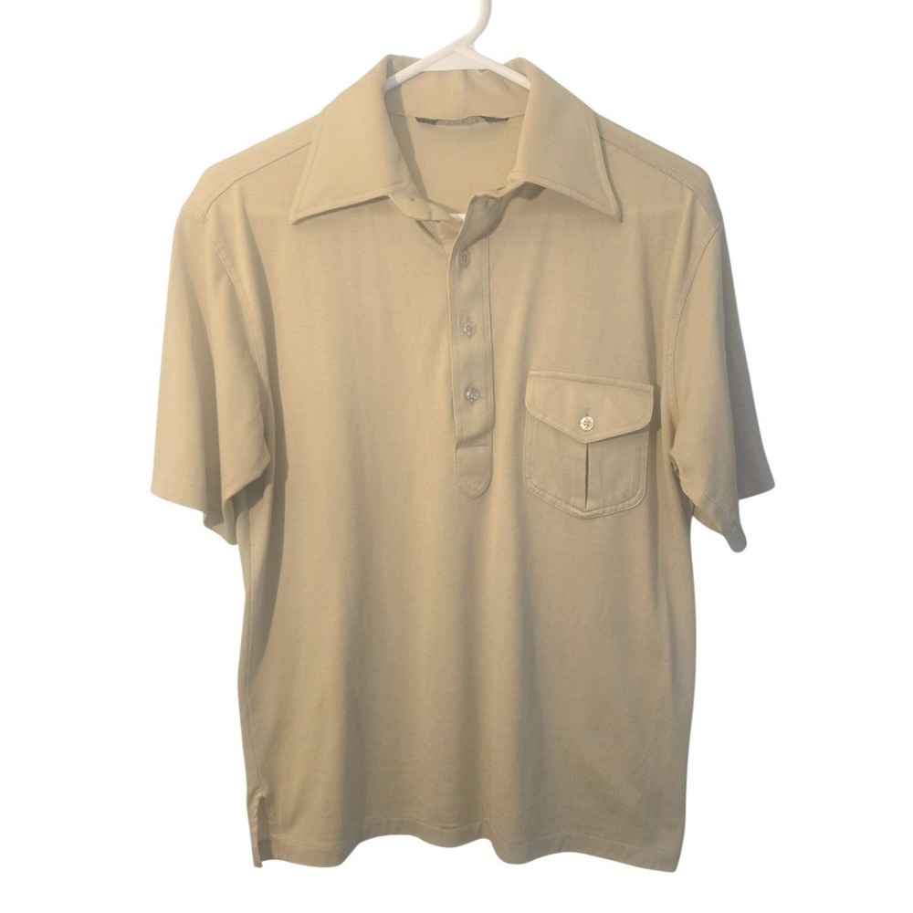 Vintage Robert Bruce Tan Cotton Knit Polo Shirt Mens Medium 70s‎ Short Sleeve